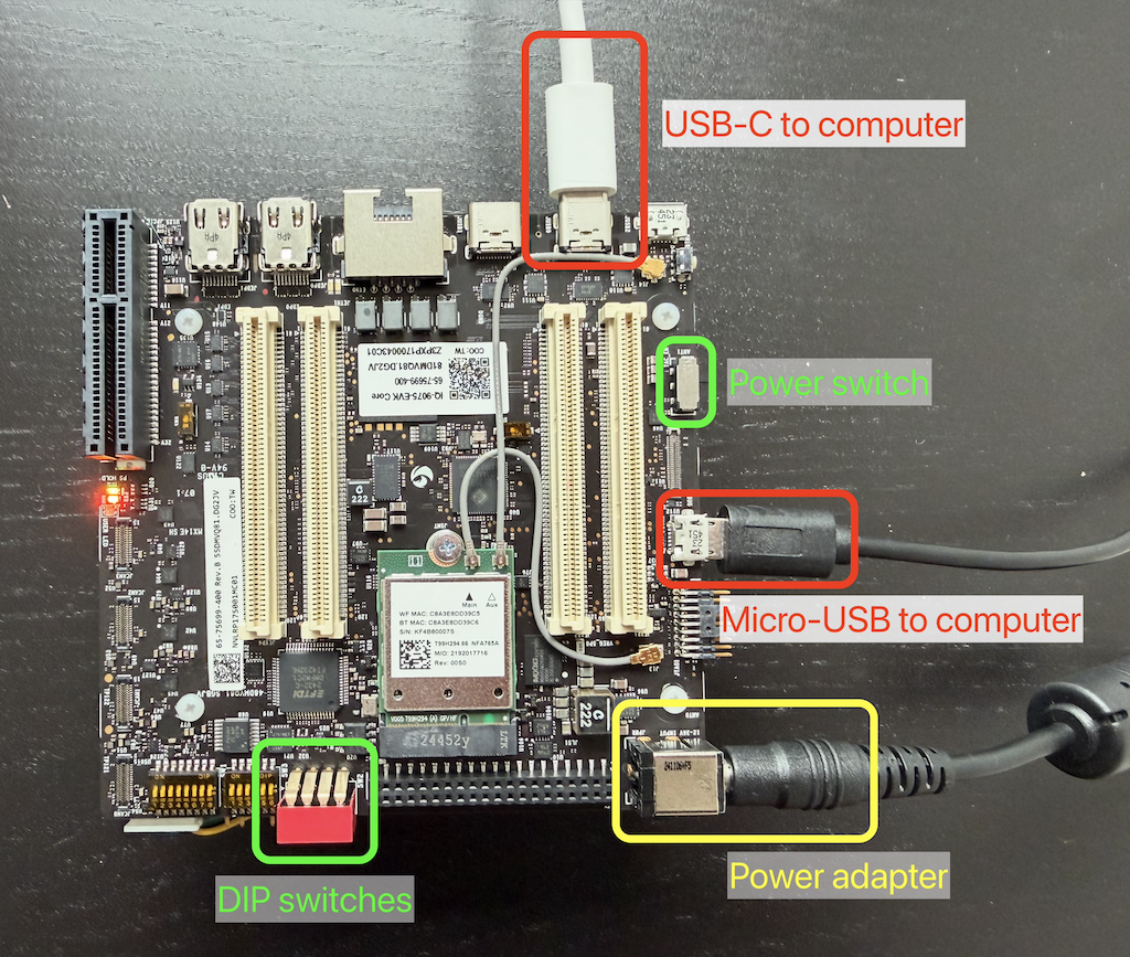 Connect the power adapter, then connect the EVK to your computer using both micro-USB and USB-C ports